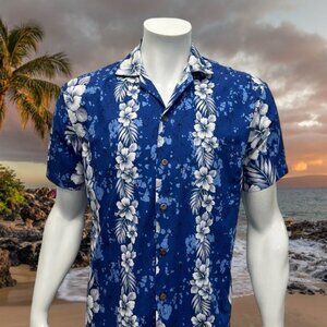 Vintage Ky’s Blue White Floral Hawaiian Luau Aloha Shirt Size Small Made In USA